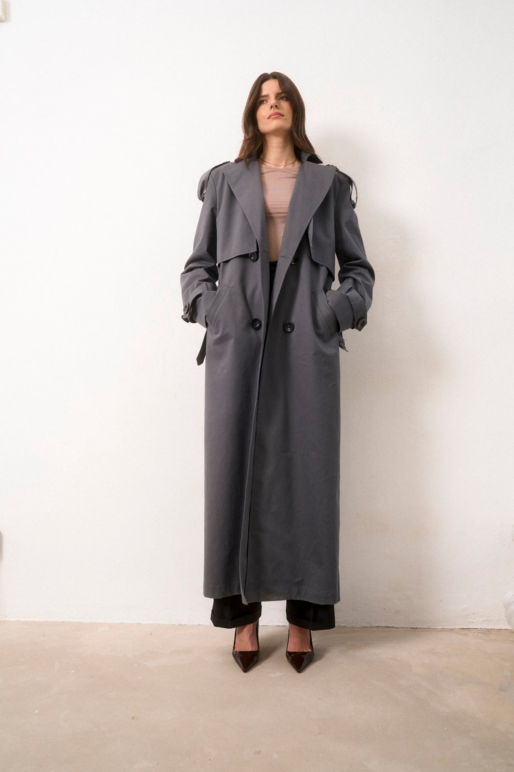 Full-length trench coat